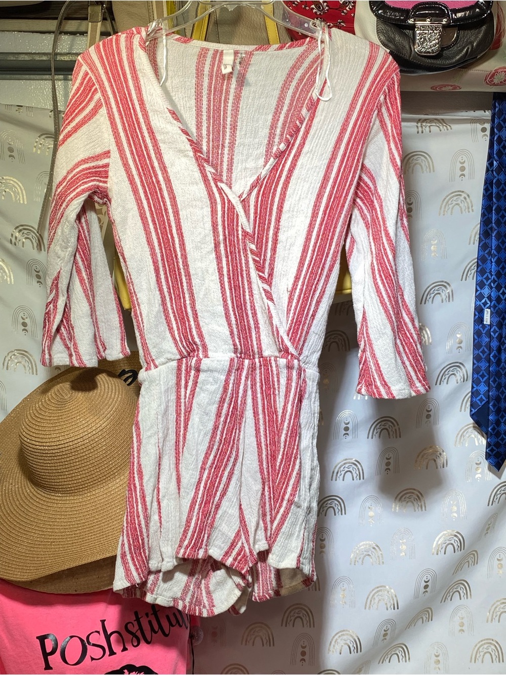 Elan White and Red Striped Wrap Romper
